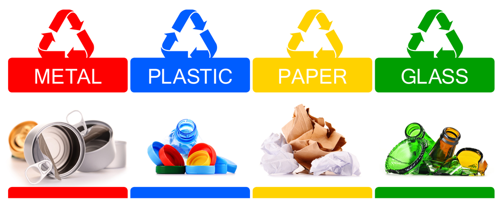 Image shows recyclable type of items:glass, plastic, metal and paper. Because bowling balls do not fit into a category, it is not a recyclable item that should do to the landfill.