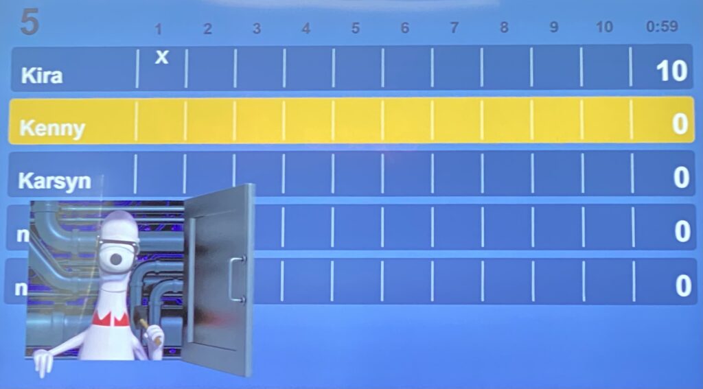 Digital bowling scoring sheet consisting of ten frames. Typical score sheets in bowling alleys are digital screens.