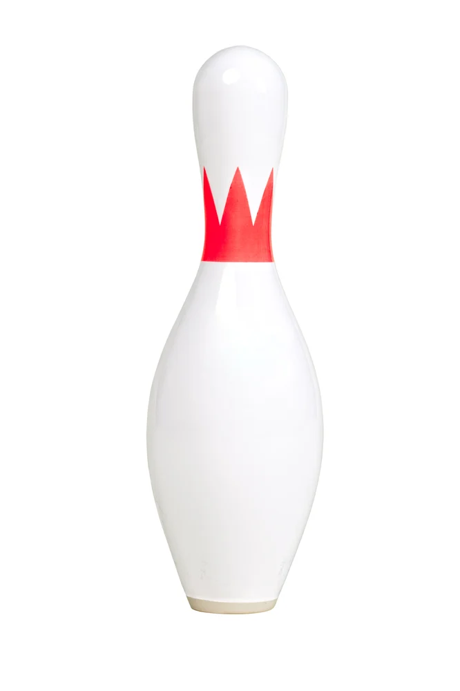 This image is to show the shape of the standard tenpin bowling pin with plastic coating and standard diameter base. It features the red crown brunswick logo.
