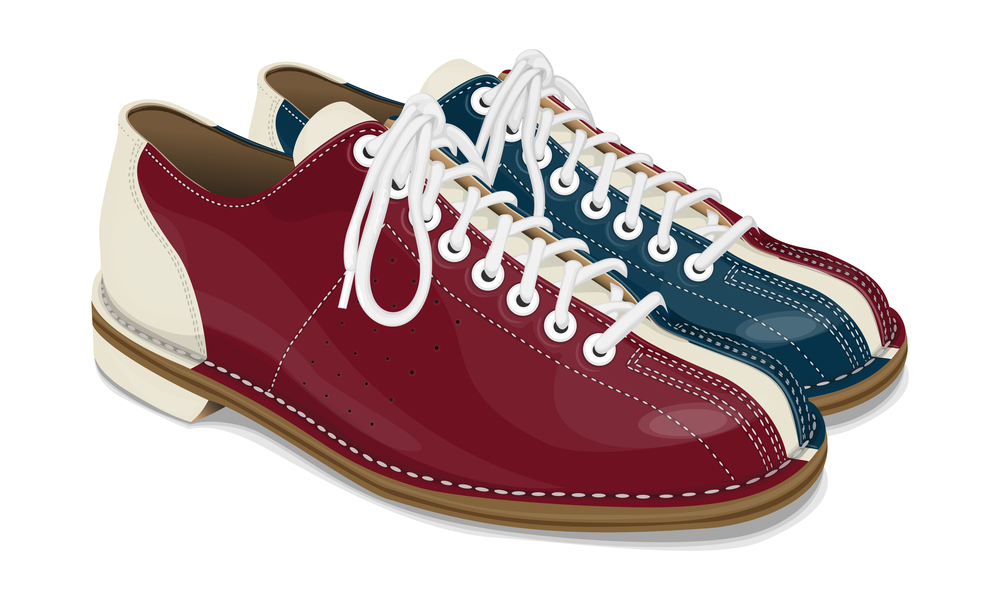 Tri-colored red, white and blue bowling shoe that was wiped with a dry cloth and microfiber cloth to remove surface dust.