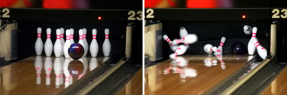 Panoramic image, of the before and after the red and blue ball hits the head pin and zero pins remain standing for a strike but the bowling ball takes a sharp right to hit the head and number two pin.