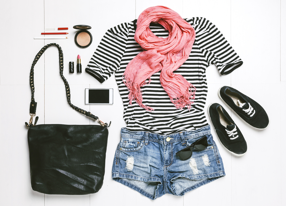 Black and white striped shirt with short denim shorts, peach scarf and black keds, or you can add black converse sneakers.