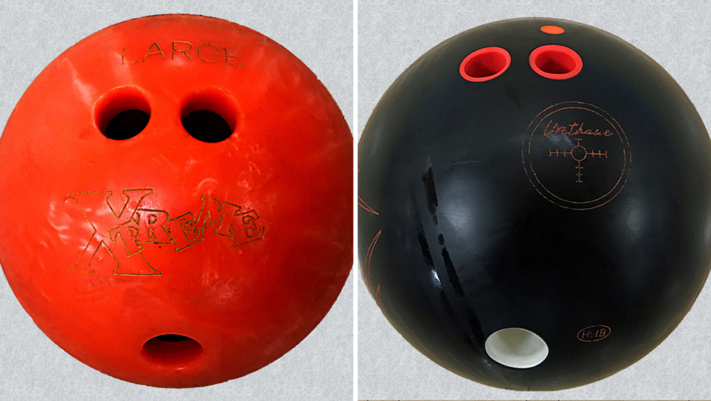 The red and black bowling ball coverstock is both plastic and urethane.