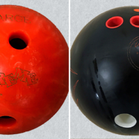 The red and black bowling ball coverstock is both plastic and urethane.