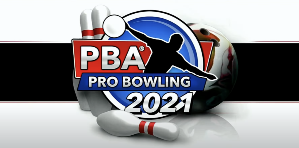 Pba pro bowling has a bowling ball in the background, three bowling pins and gives real life bowling experience.