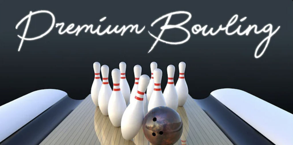 Sitting in a ten pin bowling alley lane are pins and a black ball with the word premium bowling across the top in white letters.