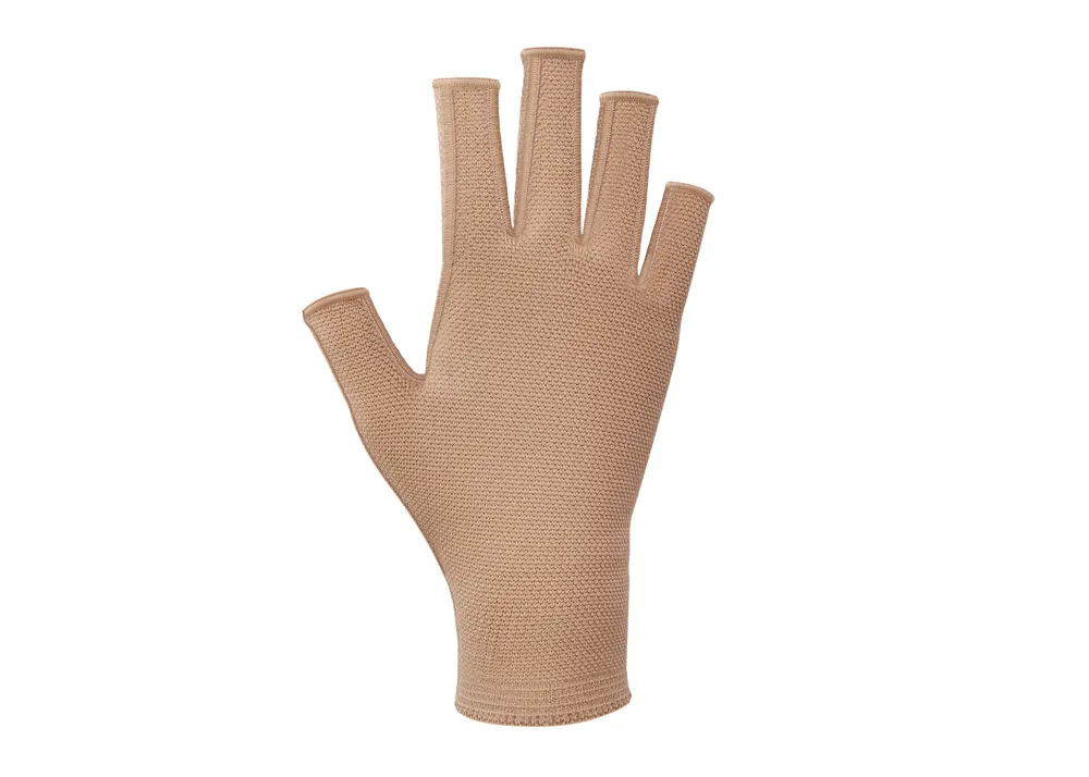 The tan compression glove uses moisture wicking material for extended wear and supports the pinky fingers