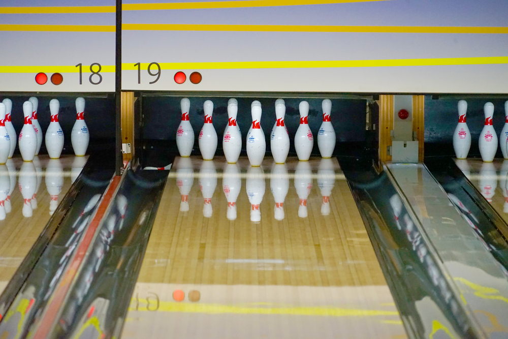 A lane and pin that where the bowling ball's life was expired and  no longer grips the lane
