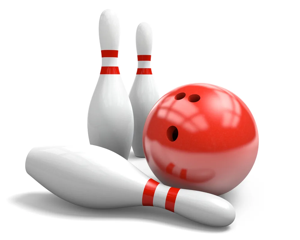 Red bowling ball and 3 bowling pin white background