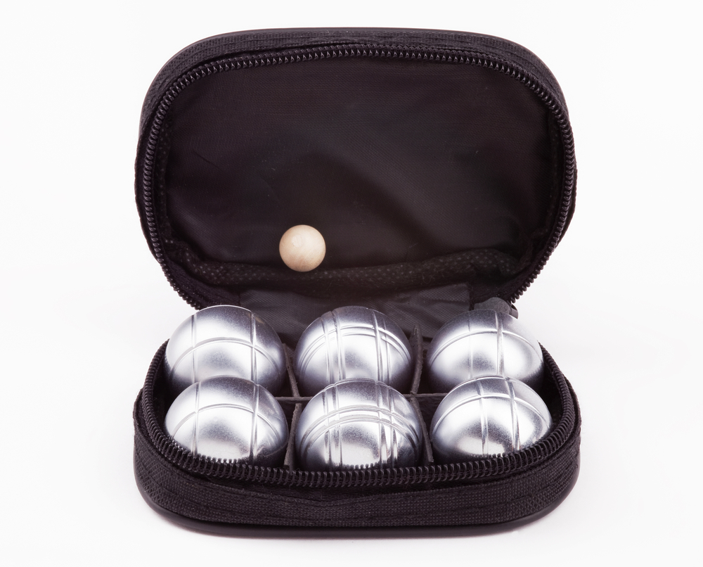 Petanque set with six metal balls in black case and jack