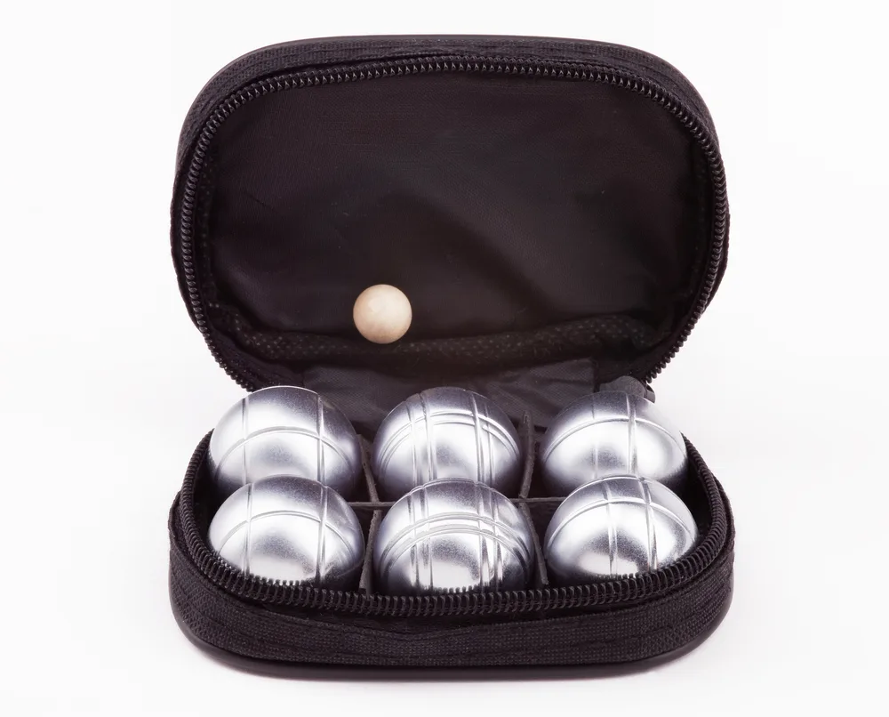 Petanque set with six metal balls in black case and jack