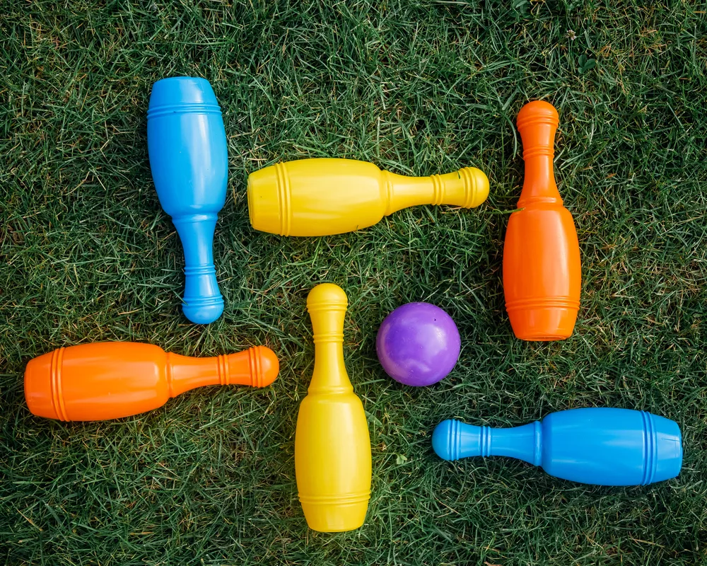 Colorful pins and purple ball on grass found at social clubs or events for kids