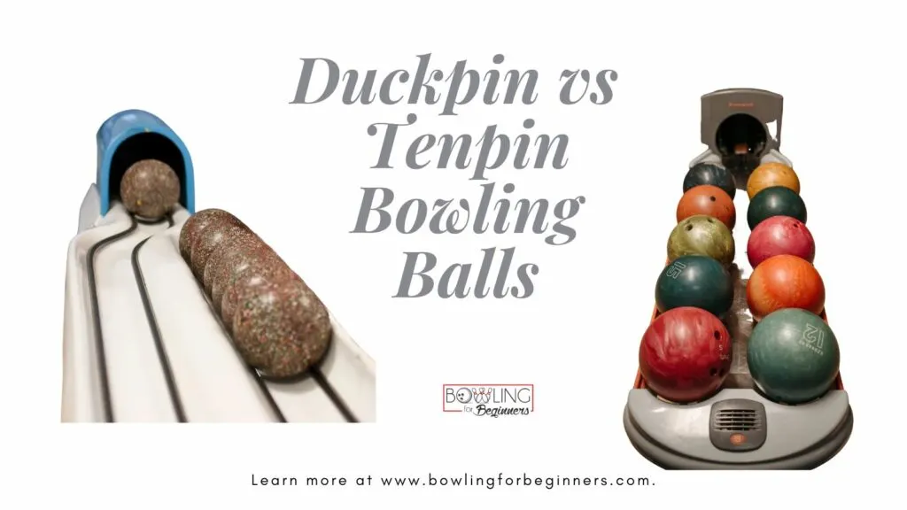 Blue and cream duckpin bowling ball returned with speckled balls and standard ten in bowling ball returned with different color balls waiting to be thrown