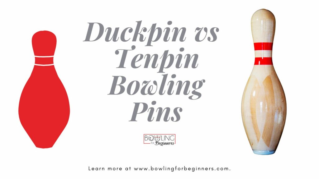 Image on white background with red duckpin and regular ten pin shows the difference in size and shape of each pin