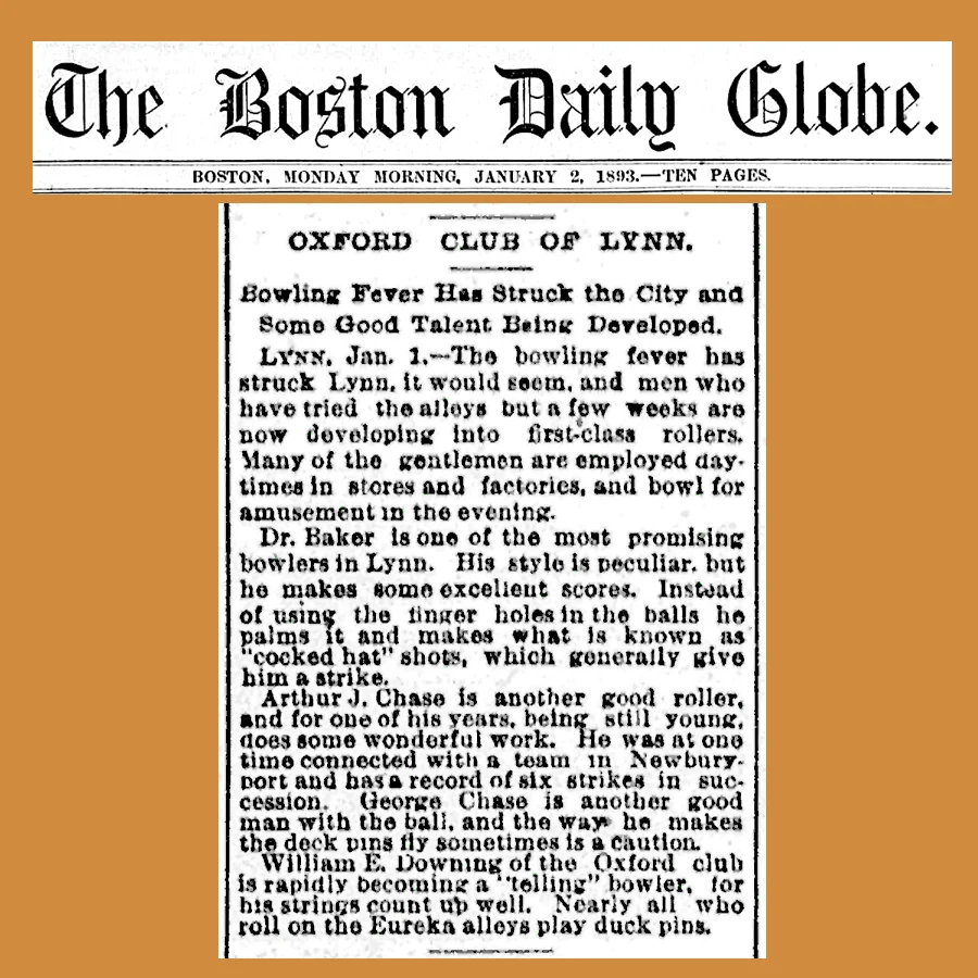 Boston daily globe article from 1893 mentioning duck pin bowling