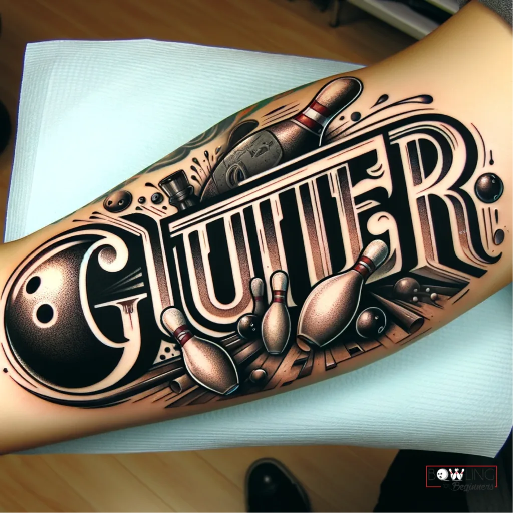 Black shaded tattoo of the word gutter in capital letters and pins and bowling balls