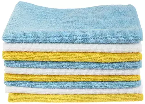 Basics microfiber cleaning cloths, non-abrasive, reusable and washable - pack of 48, 12 x16-inch, blue/white/yellow
