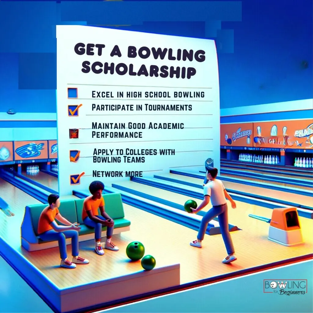 Colorful image displaying checklist of how to get a bowling scholarship