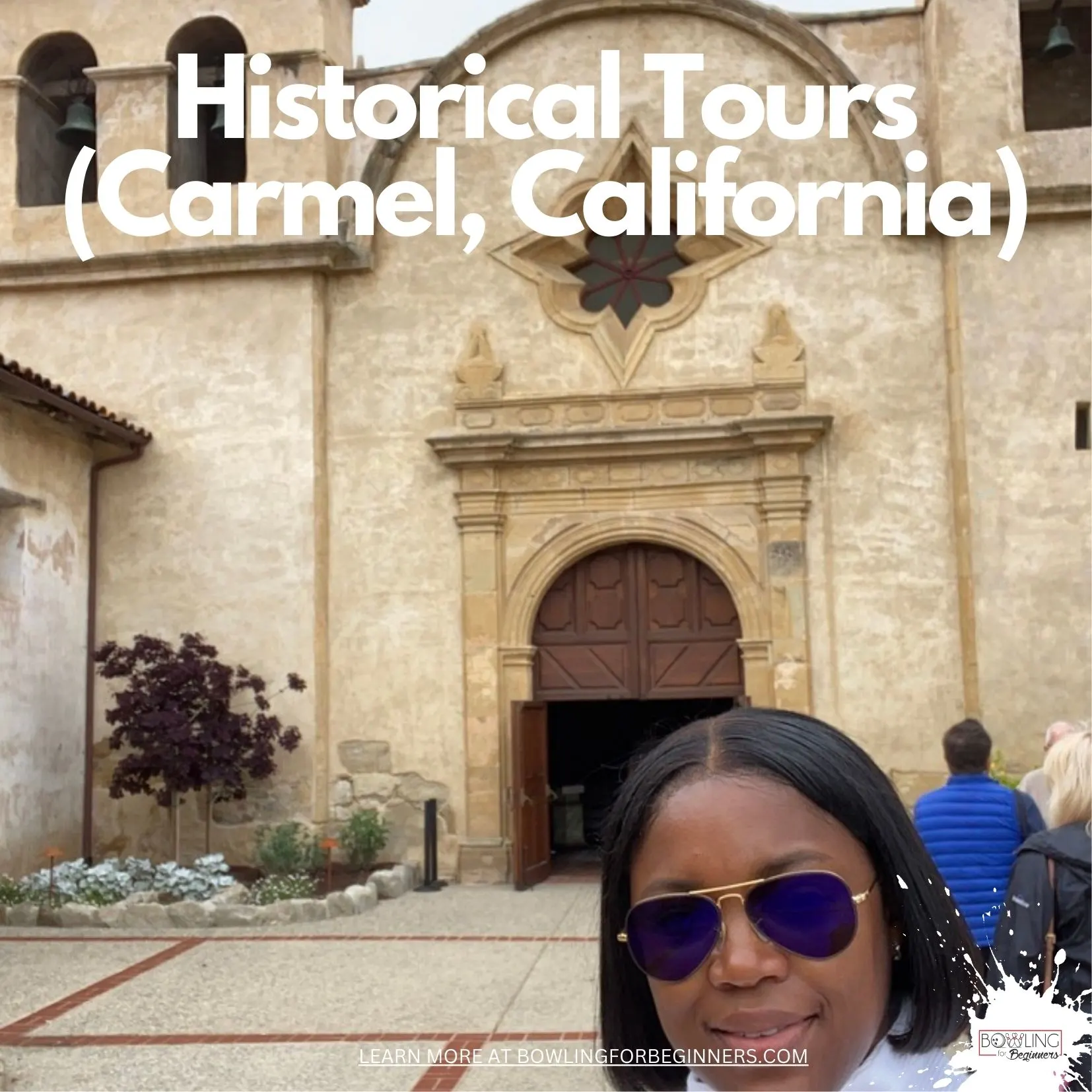 Woman taking selfie in front of historical carmel mission wearing a white jacket