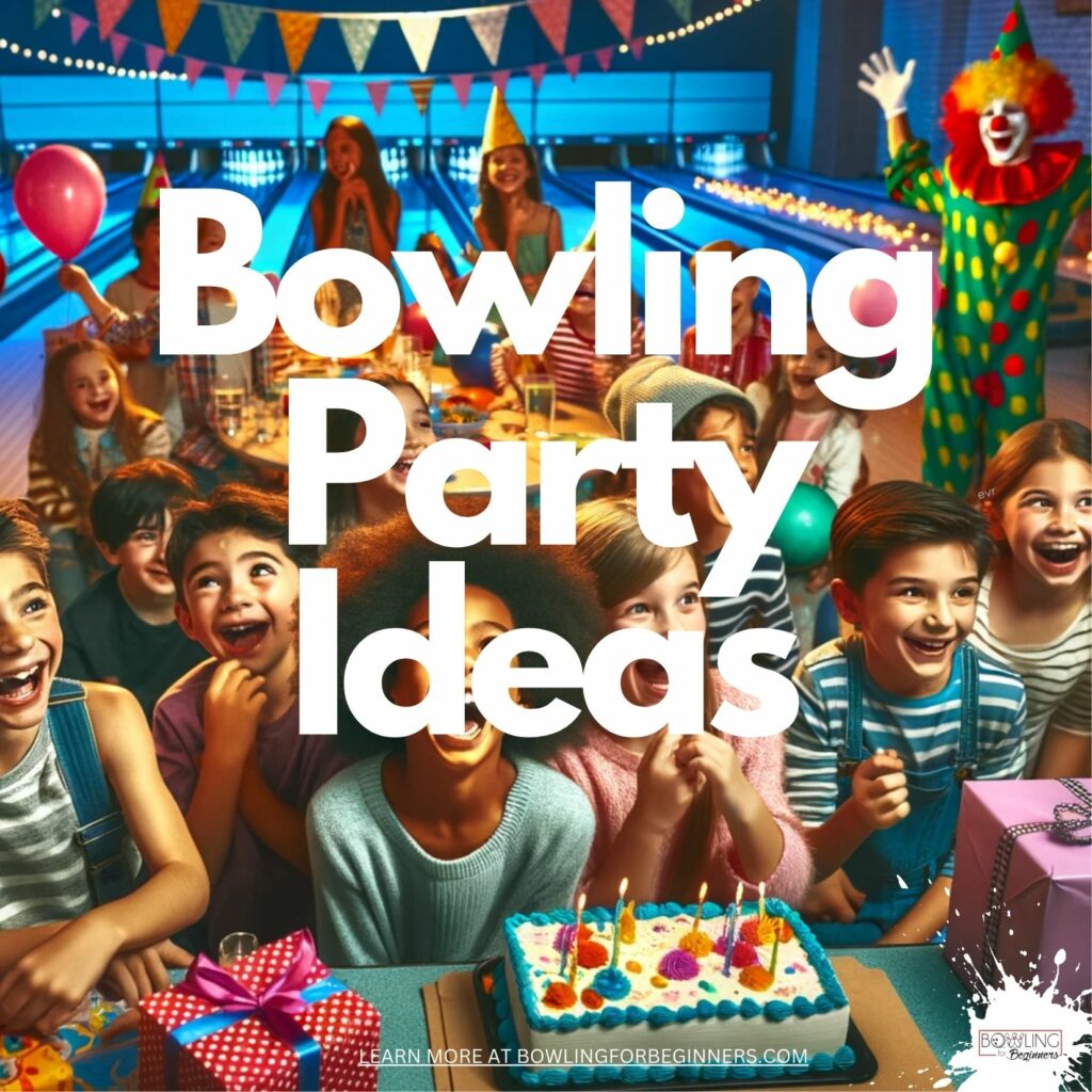 Happy children at a bowling party with a birthday cake and birthday presents shown