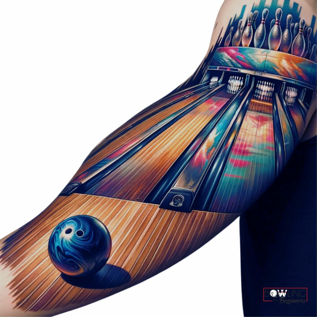 Colorful tattoo with bold outlines of the bowling lane with a bowling ball and pins