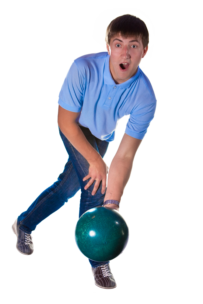 Crying bowler with the green ball aimed for the center arrow. Isolated on white.