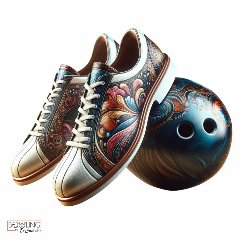 Image of a bowling ball and bowling shoes that have matching floral like pattern